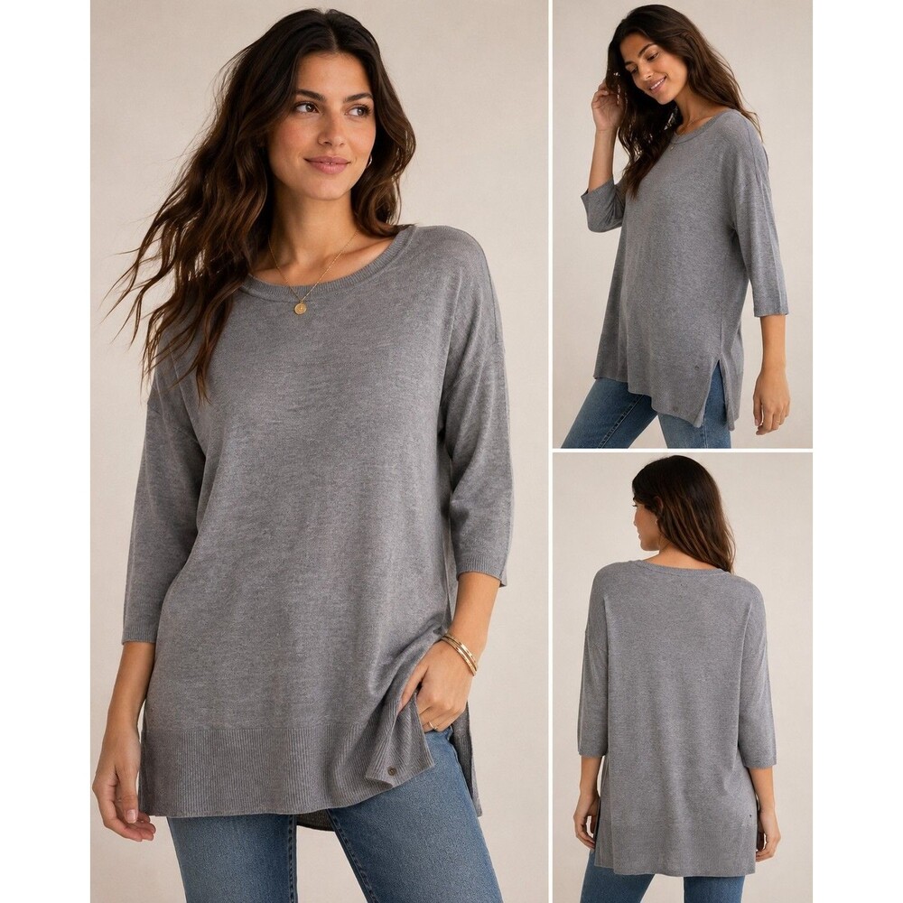 Farm Rio Gray Knit Tunic Sweater Dress 33" Size M Side Slit 3/4 Sleeve Vintage